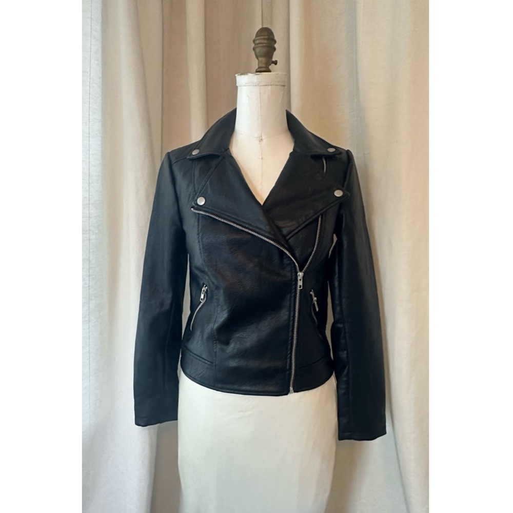 Women's Faux Black Leather Jacket w/ Silver Details